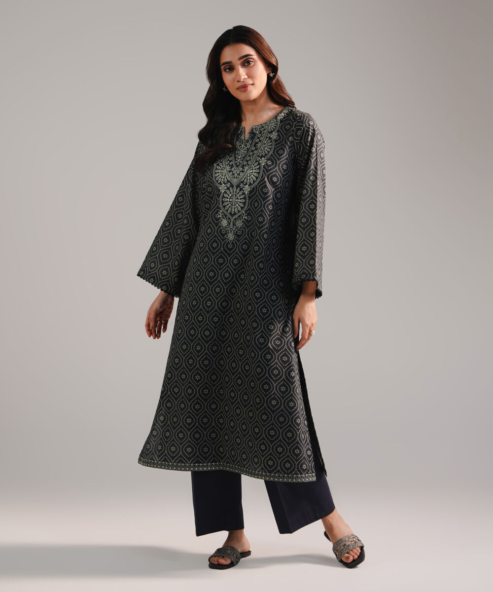 Women's RTW Slub Lawn Embroidered Black Straight Shirt