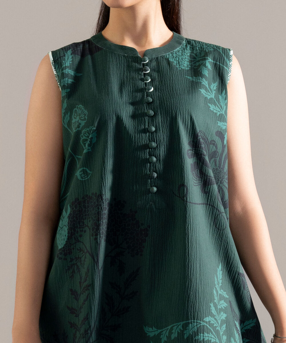 Women's RTW Seersucker Printed Teal Straight Shirt