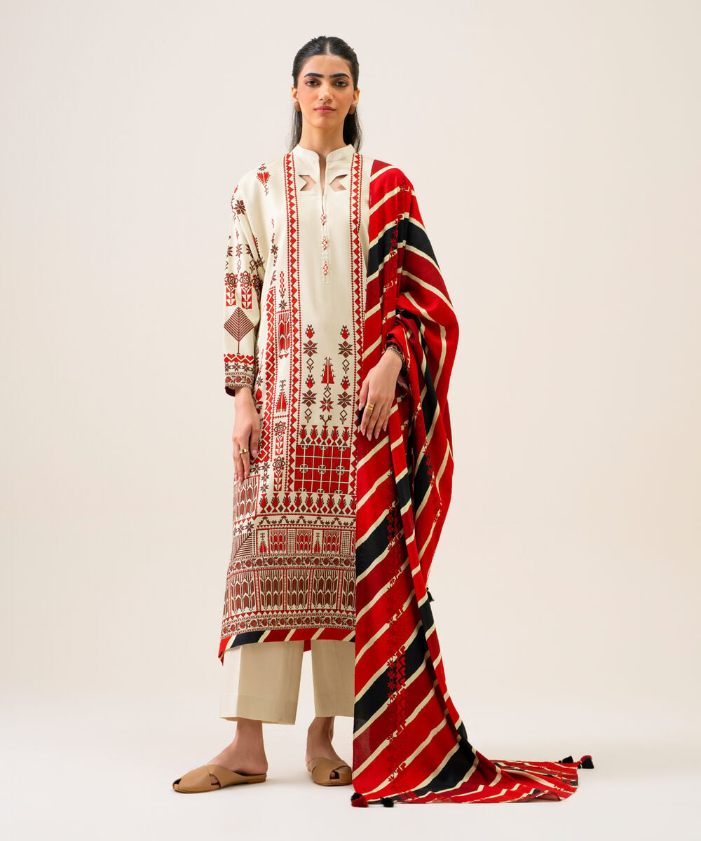 Women's Unstitched Viscose Linen Printed Multi 3 Piece Suit