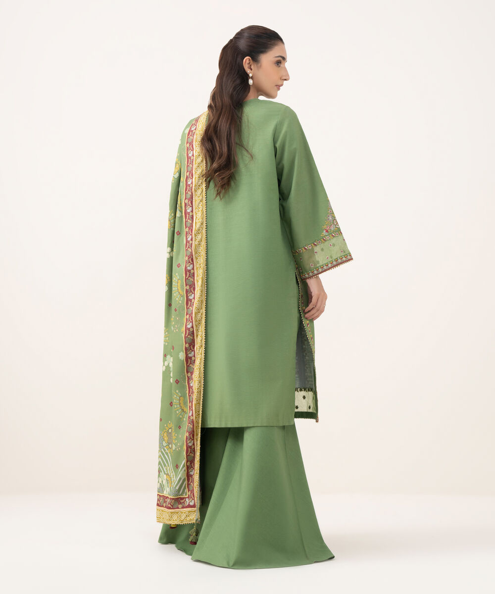 Women's Unstitched Light Khaddar Embroidered Green 3 Piece Suit