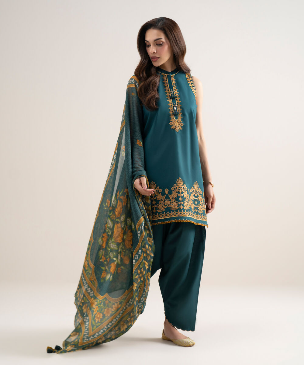 Women's Unstitched Lawn Embroidered Dark Green 3 Piece Suit