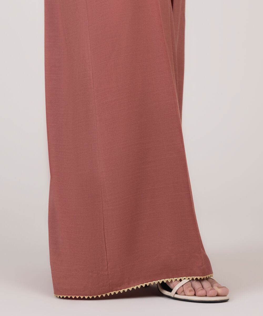 Women's RTW Viscose Raw Silk Pink Solid Flared Pants