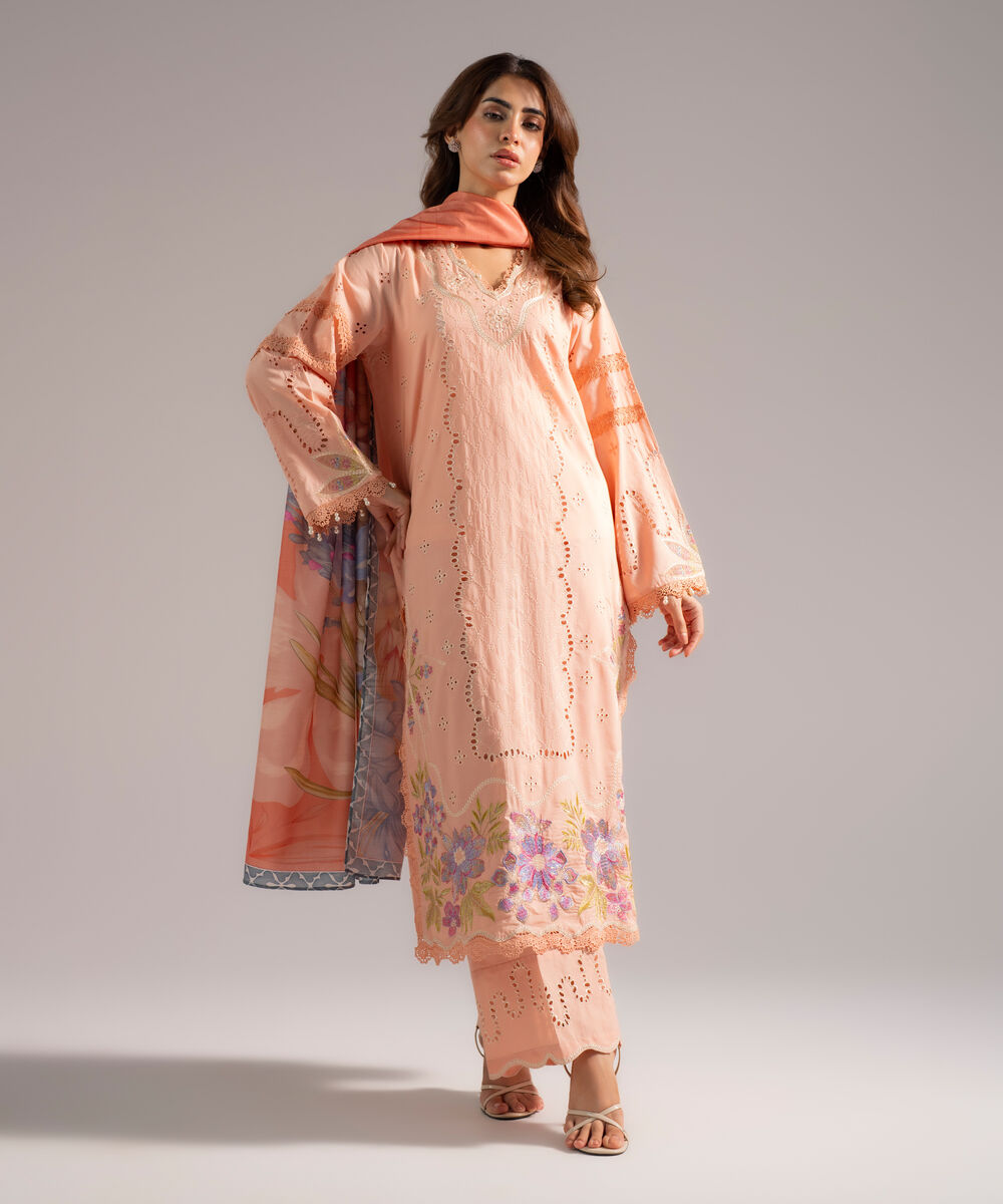 Women's RTW Slub Lawn Embroidered Pink 3 Piece Suit