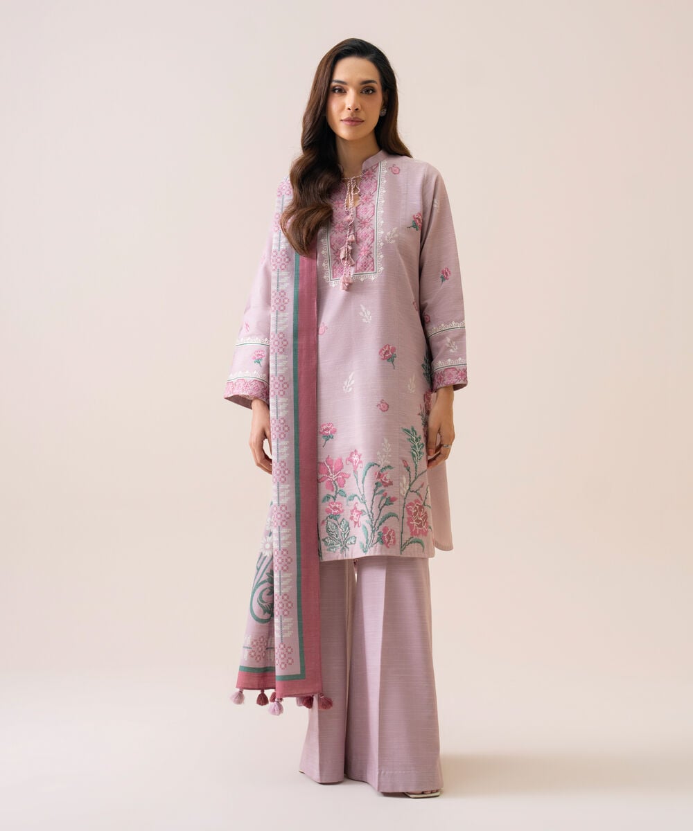 Women's Unstitched Light Khaddar Embroidered Lilac 3 Piece Suit