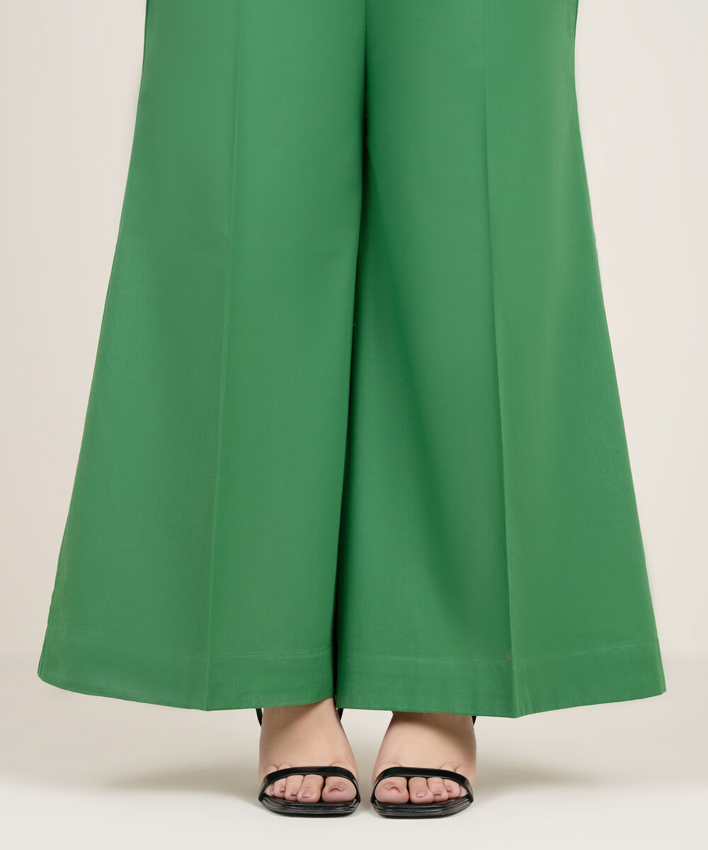 Women's RTW Cambric Solid Green Flared Pants