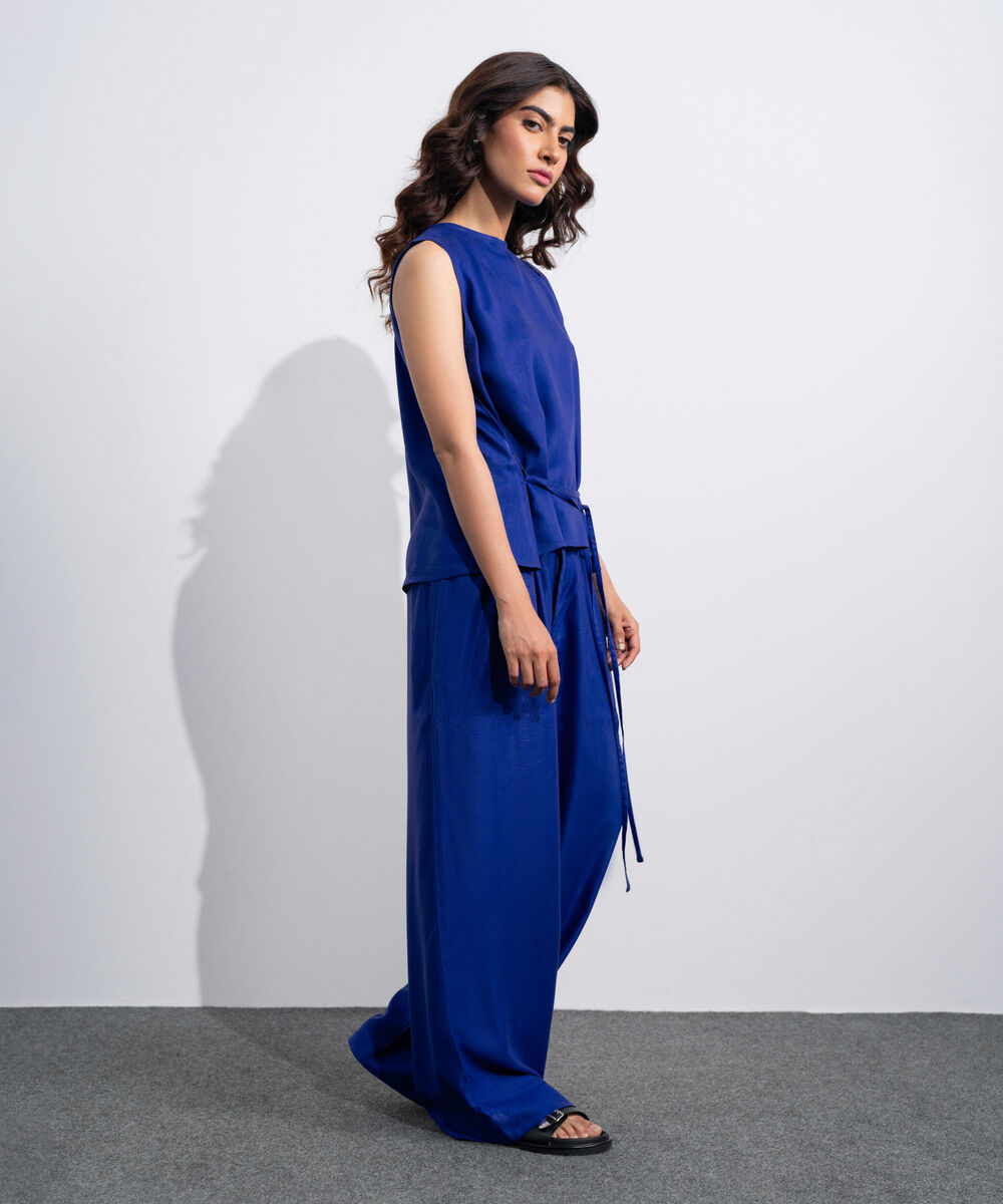 Women's Western Blue Linen Blend Stright-Fit Trousers