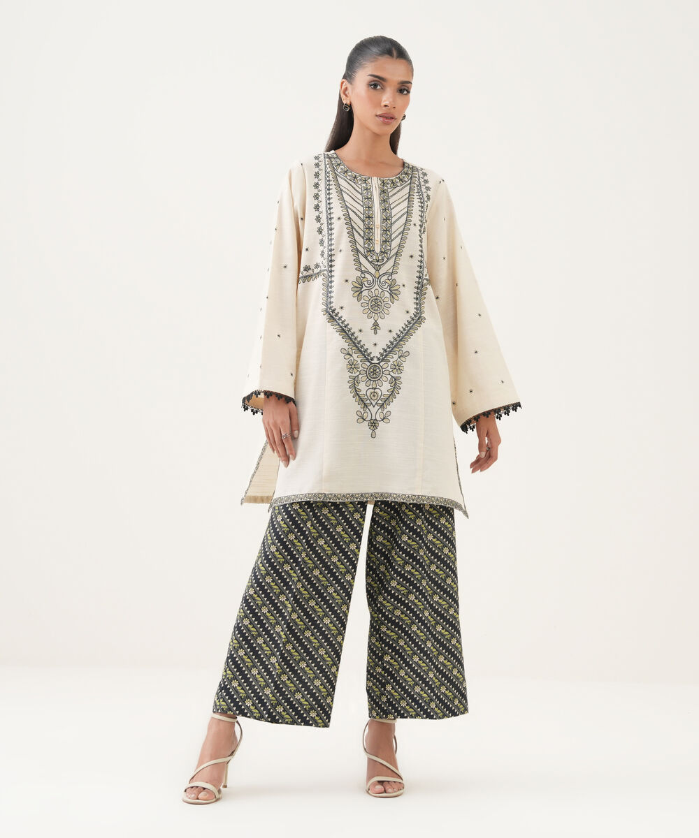 Women's RTW Light Khaddar Embroidered A-Line Off White Shirt