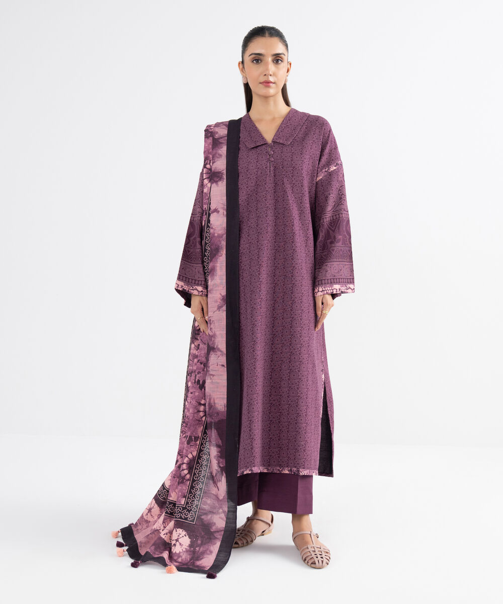Women's Unstitched Light Khaddar Printed Purple 3 Piece Suit