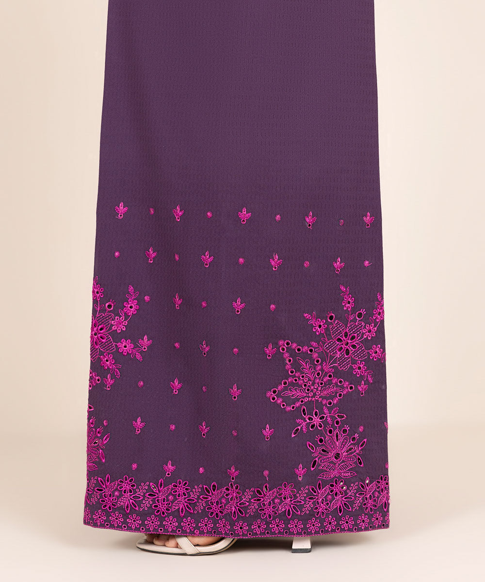 Women's RTW Textured Cotton Purple Embroidered Flared Pants