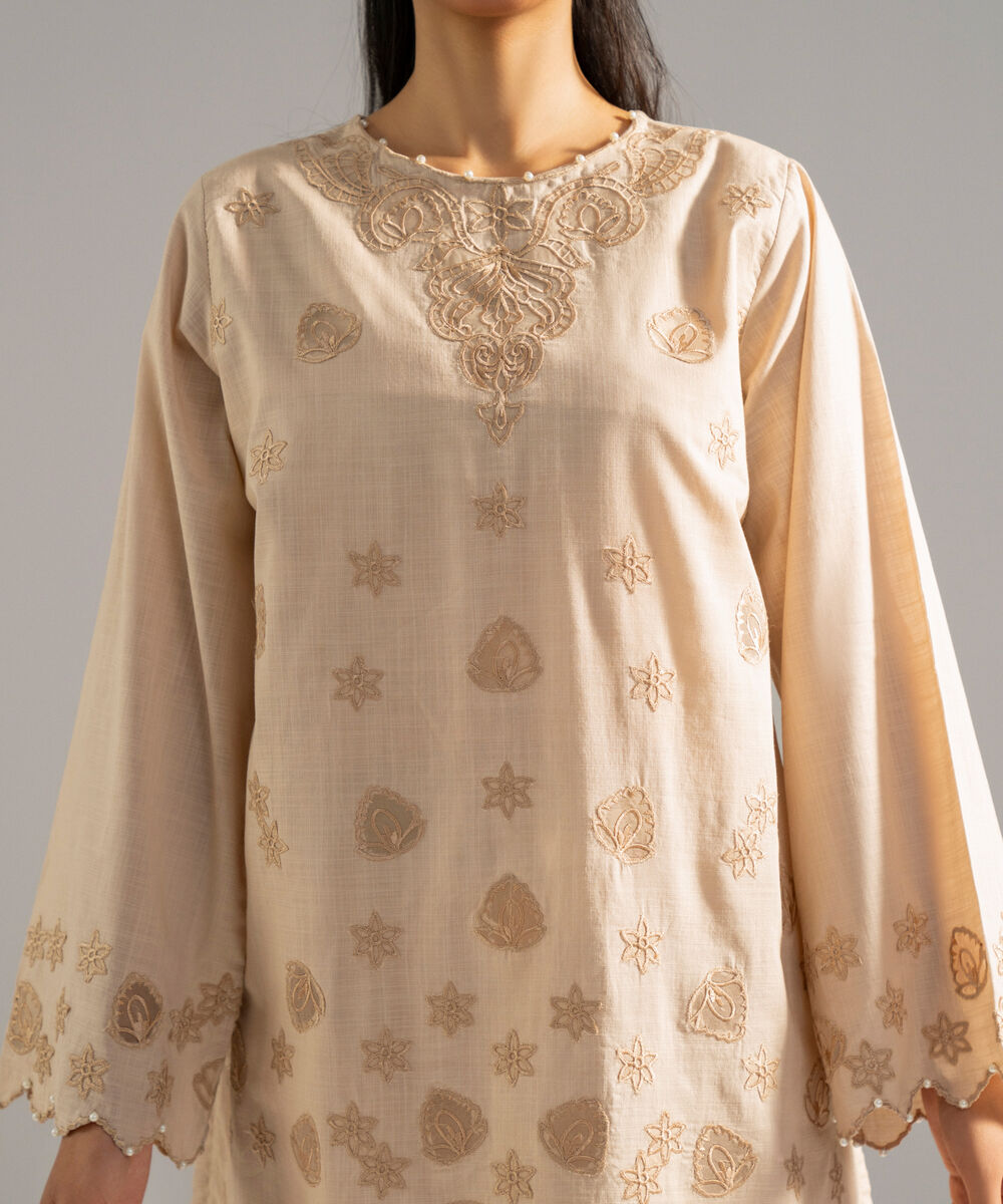 Women's RTW Cross Hatch Solid Embroidered Beige 2 Piece Suit