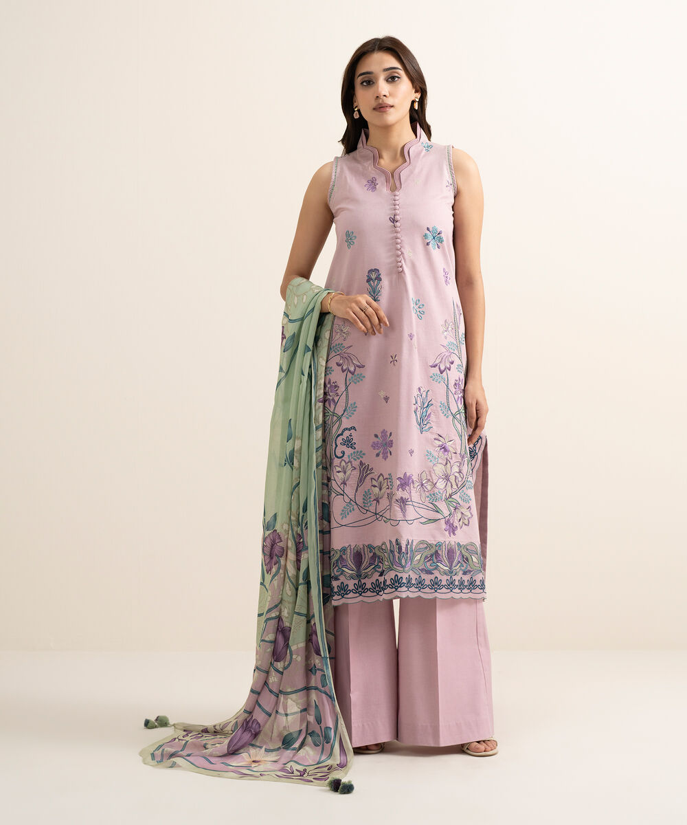 Women's Unstitched Textured Lawn Embroidered Pink 3 Piece Suit