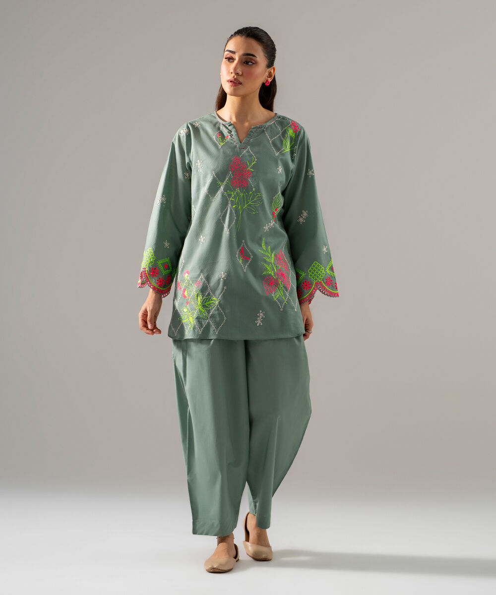 Women's RTW Dobby Solid Embroidered Blue 2 Piece Suit