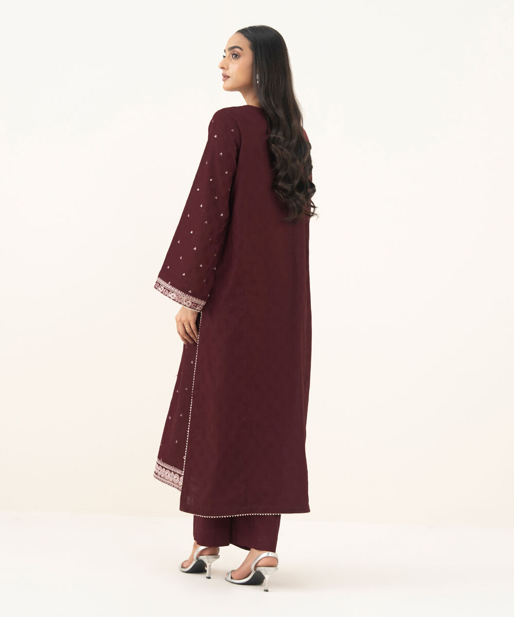 Women's RTW Self Jacquard Leno Embroidered Maroon A-Line Shirt