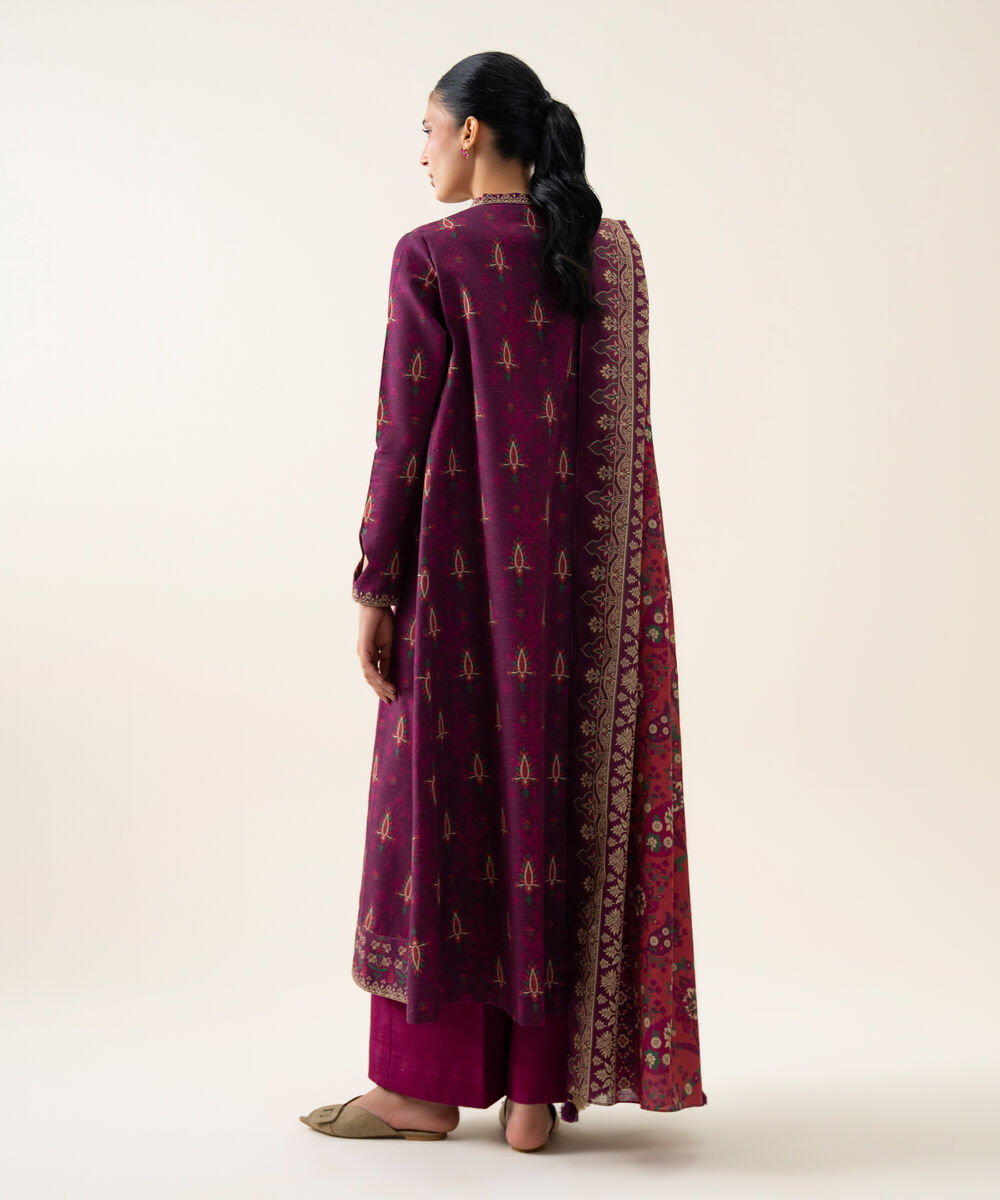 Womens Unstitched Light Khaddar Printed Plum 3 Piece Suit