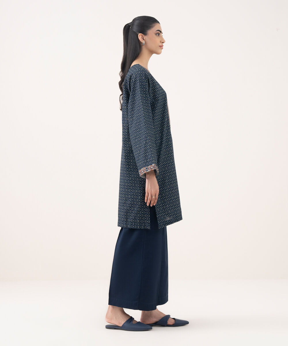 Women's RTW Light Khaddar Embroidered Blue Straight Shirt