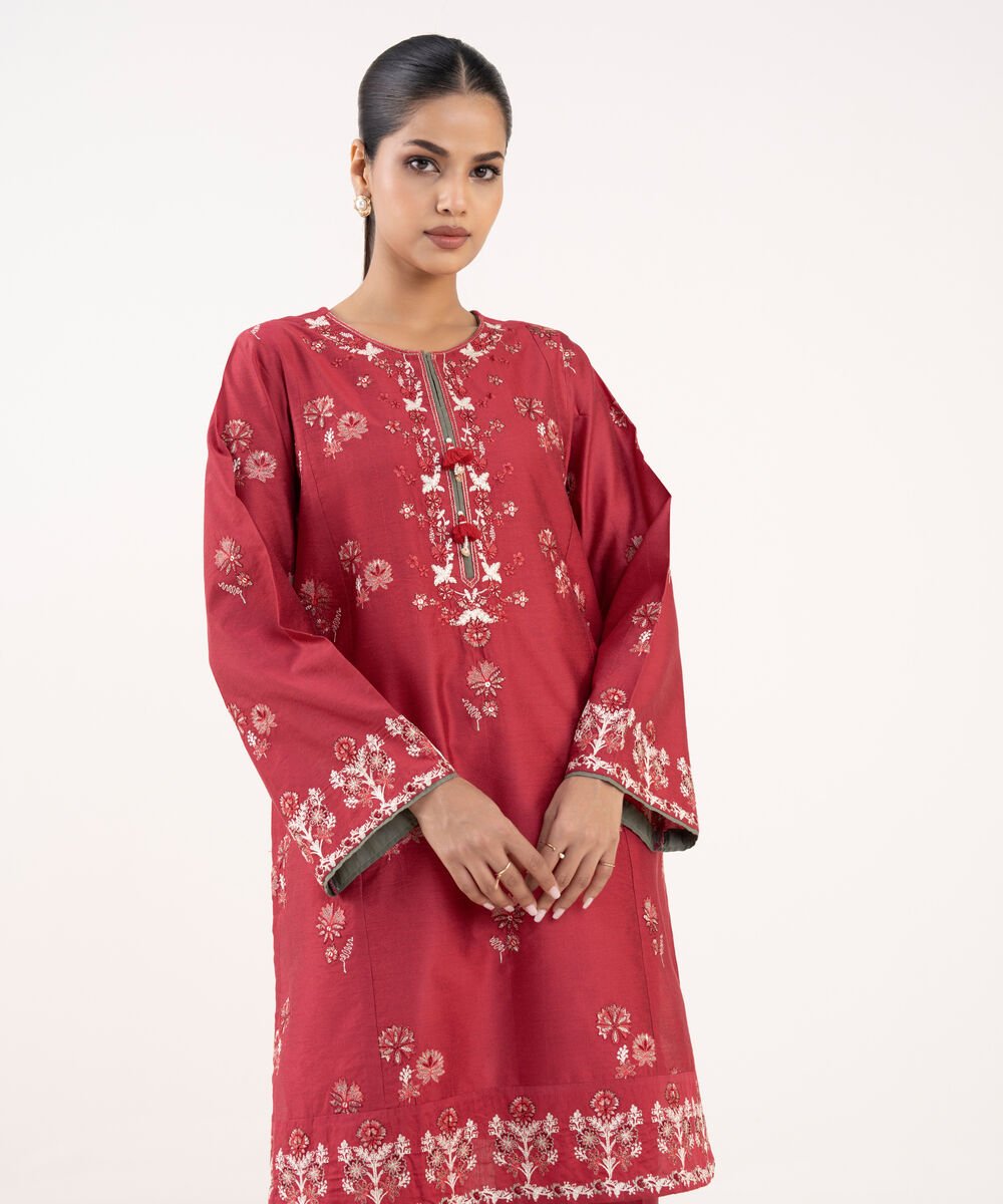 Women's RTW Silk Cotton Net Red Embroidered 2 Piece Suit