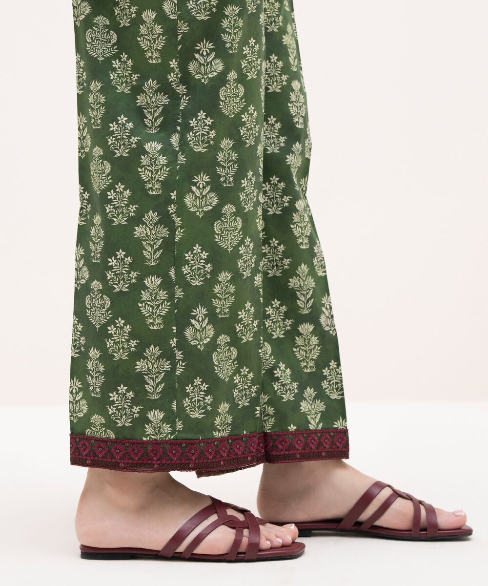 Women's RTW Cambric Green Embroidered Straight Pants