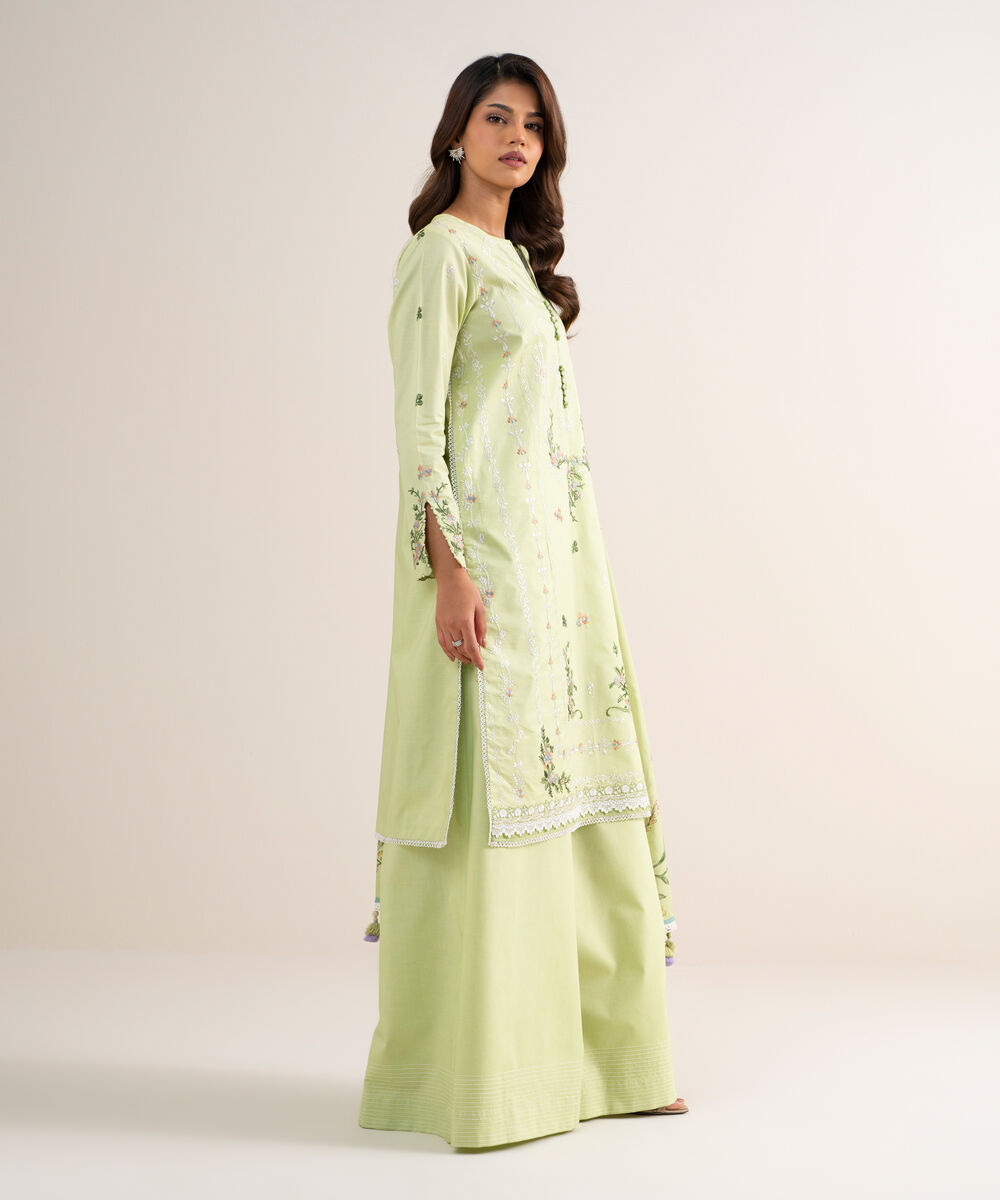 Women's Unstitched Fine Cotton Satin Embroidered Green