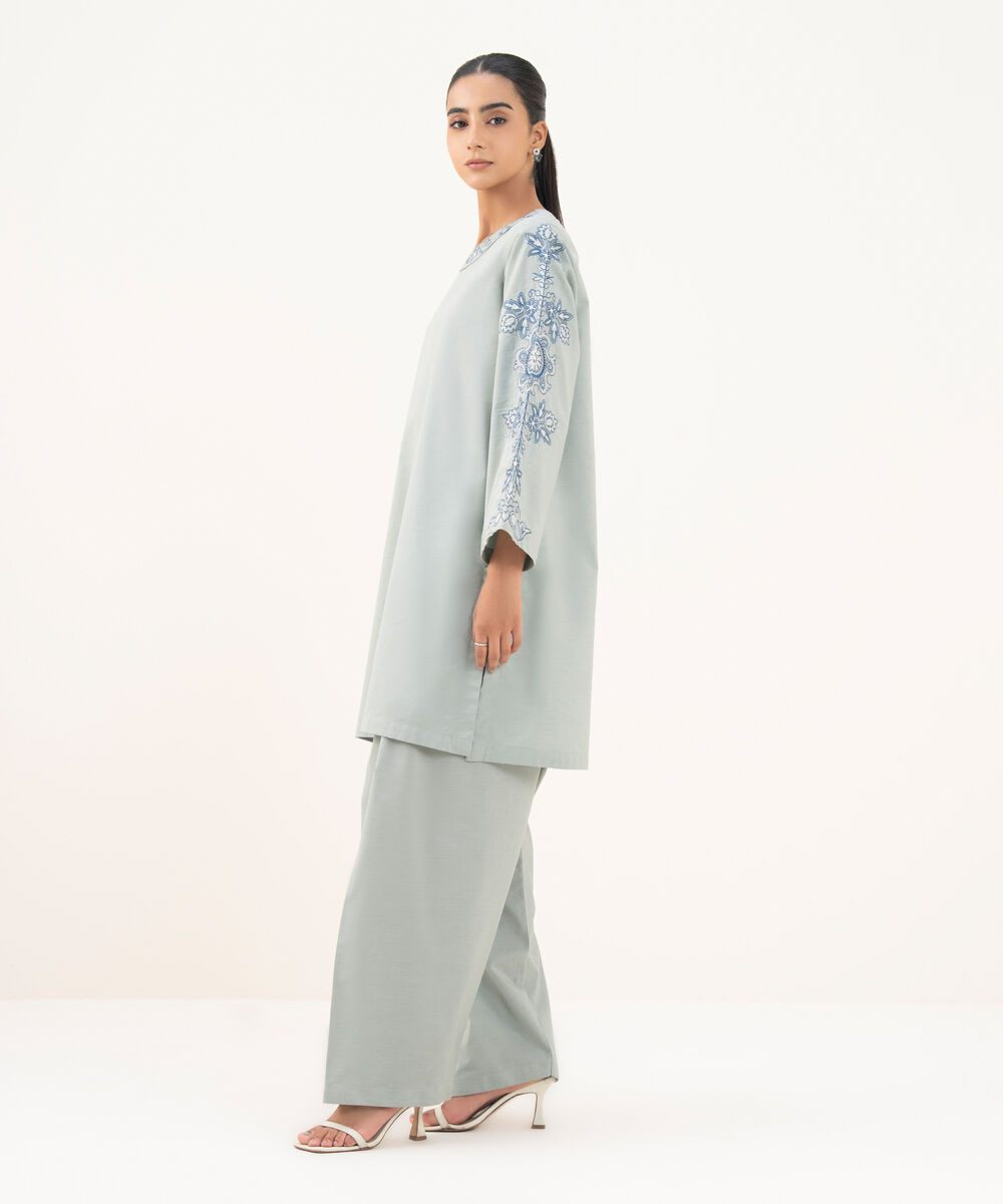 Women's RTW Textured Cotton Blue Embroidered A-Line Shirt