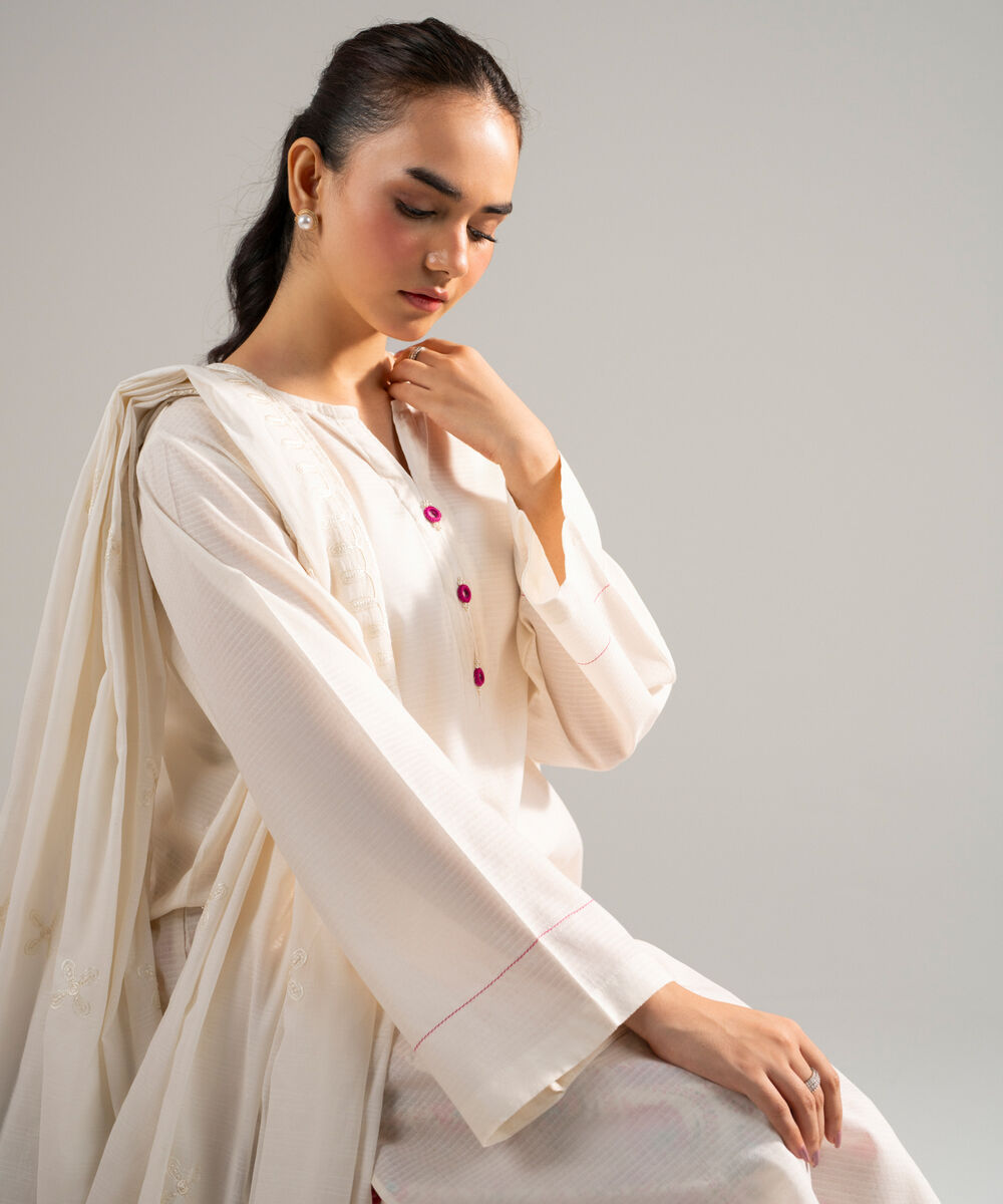 Women's RTW Dobby Solid Off White 3 Piece Suit