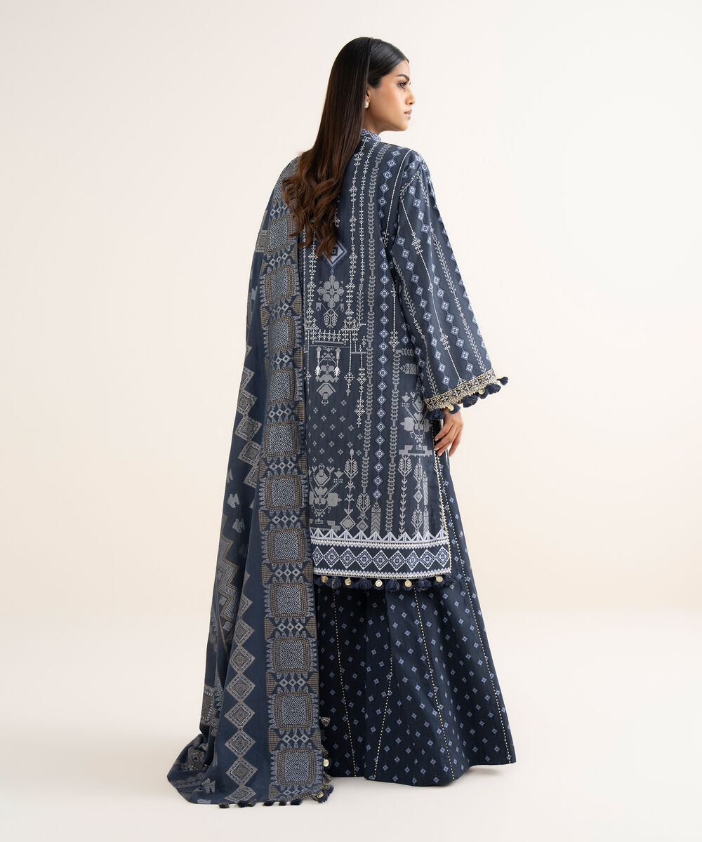 Women's Unstitched Fine Cotton Satin Embroidered Blue  3 Piece Suit