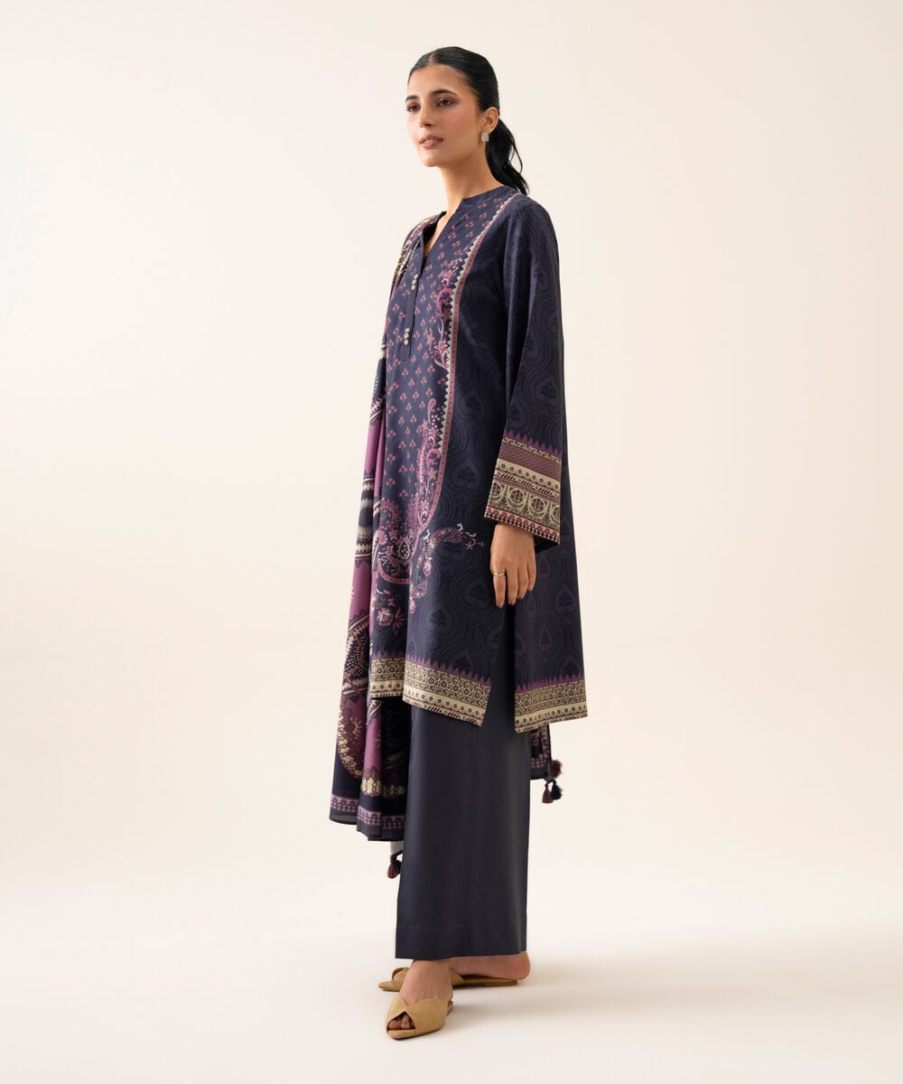 Women's Unstitched Viscose Linen Printed Blue 3 Piece Suit