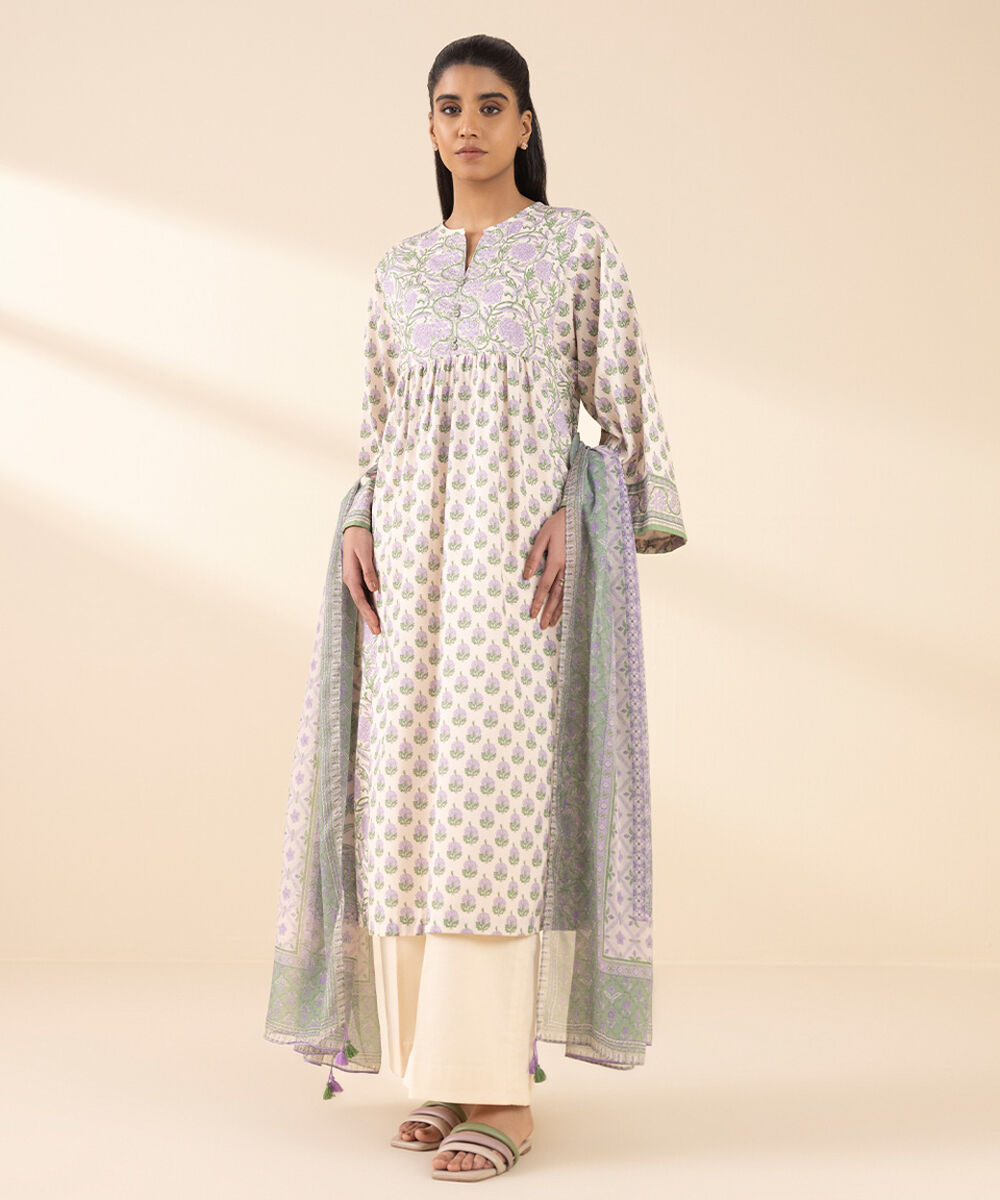 Unstitched Women's Off White Lawn Printed Shirt Dupatta