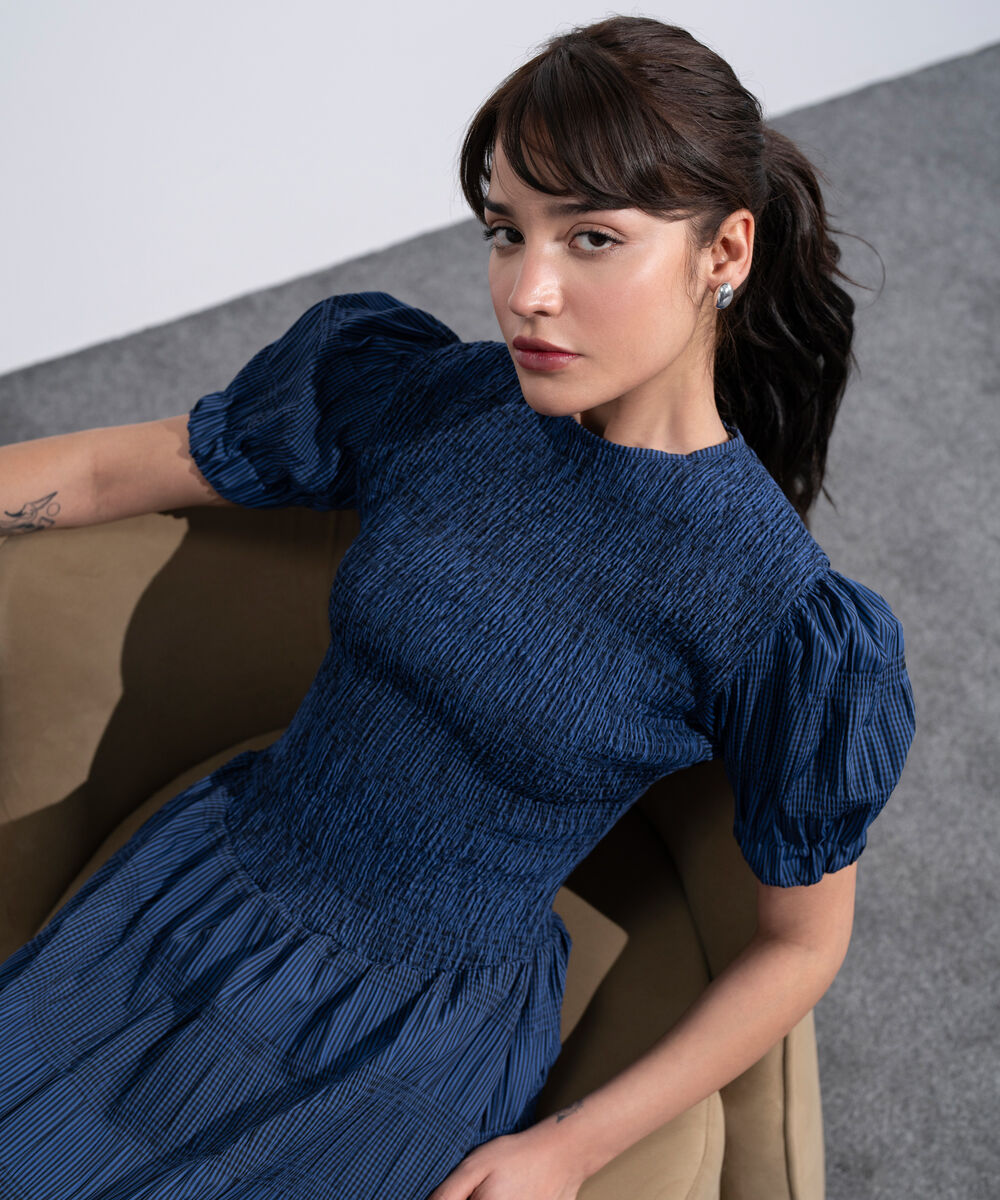Women's Western Blue And Black Smocked Seersucker Gingham Dress