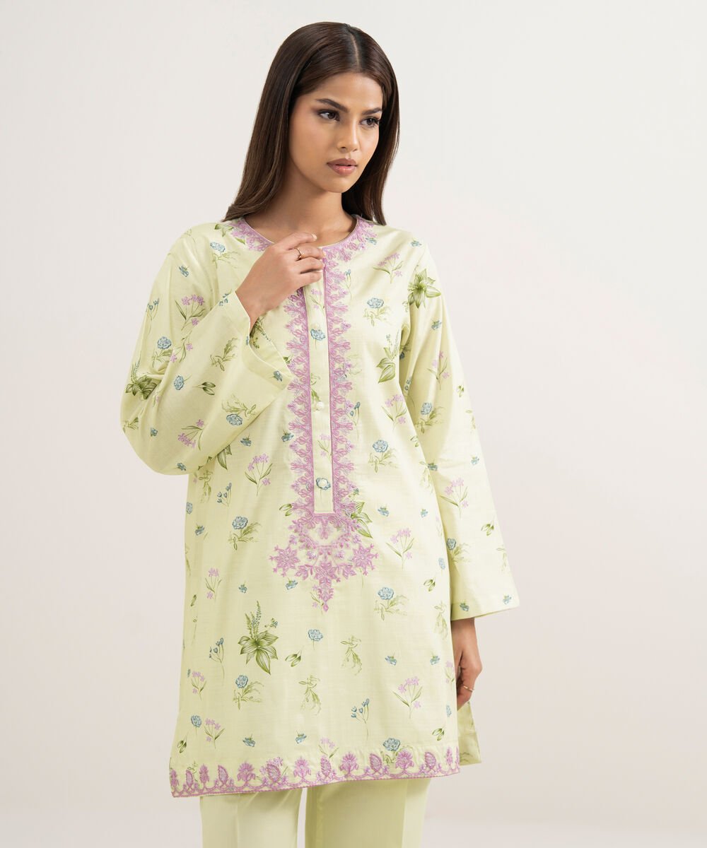 Women's RTW Cambric Embroidered Mint Green Straight Shirt