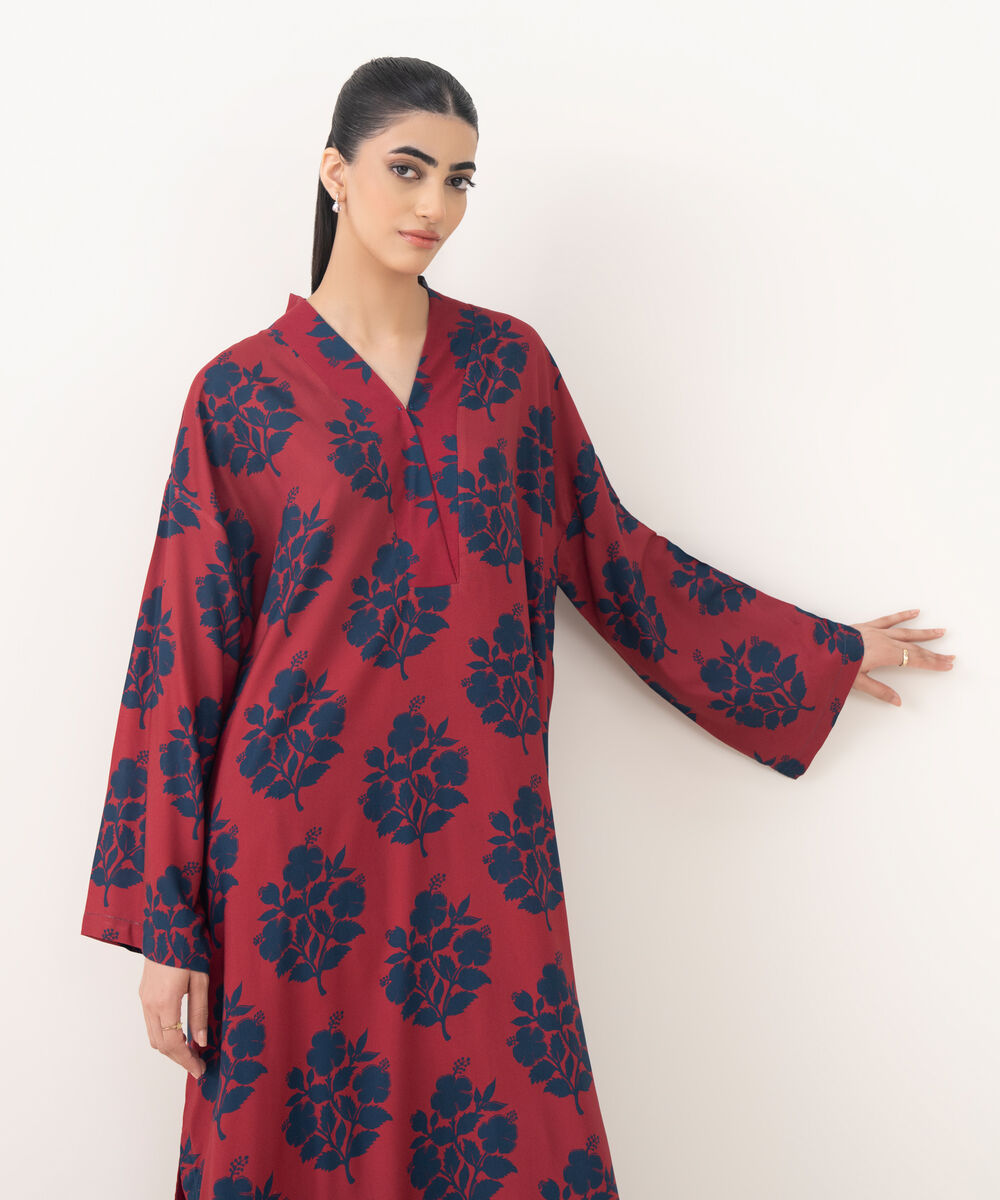 Women's RTW Viscose Linen Red Printed Drop Shoulder Shirt
