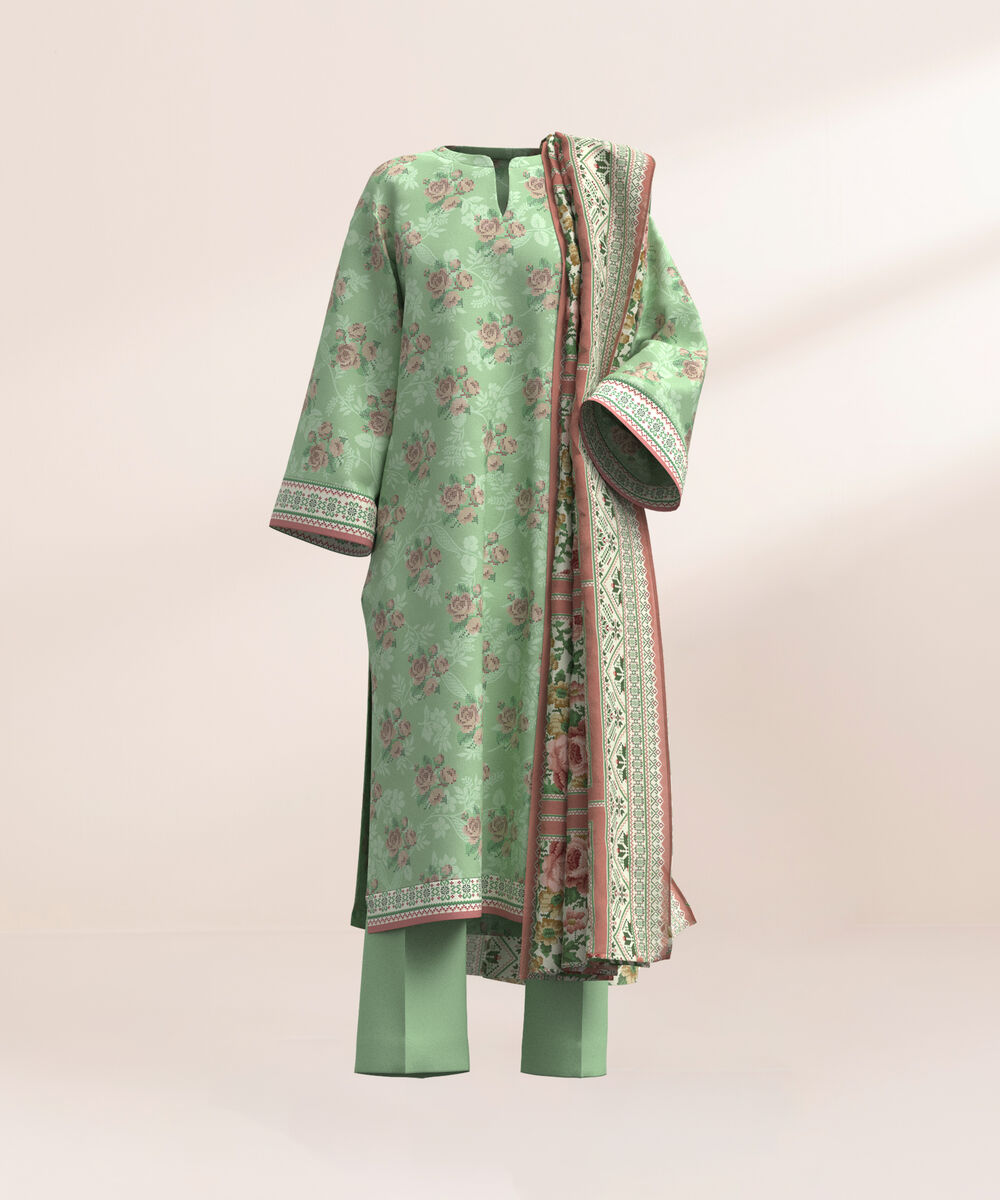Women's Three Piece Printed Green Lawn Suit