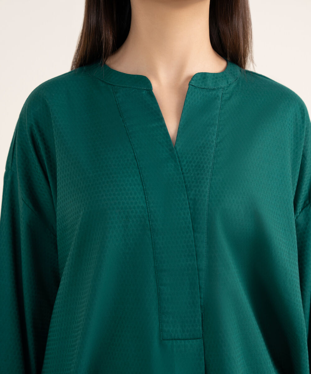 Women's RTW Textured Lawn Green Solid Boxy Shirt