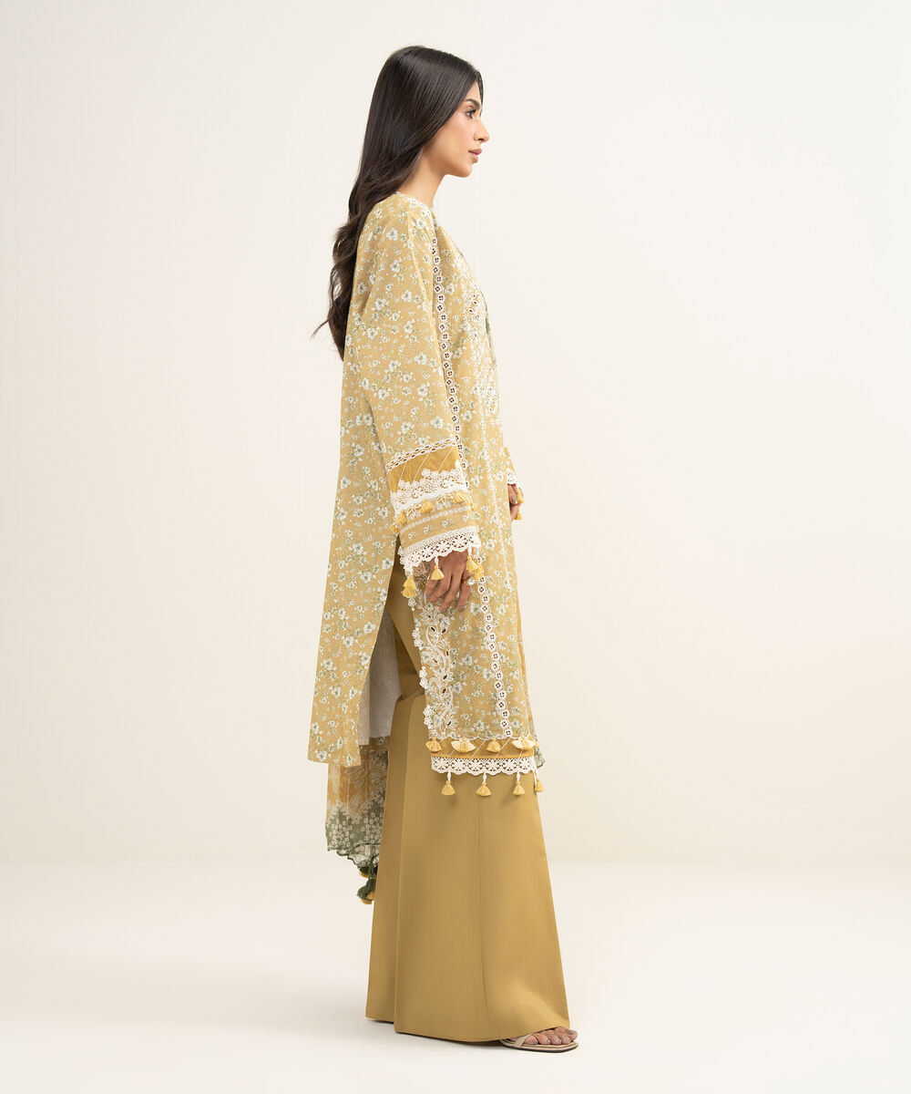 Women's Unstitched Lawn Embroidered Yellow 3 Piece Suit