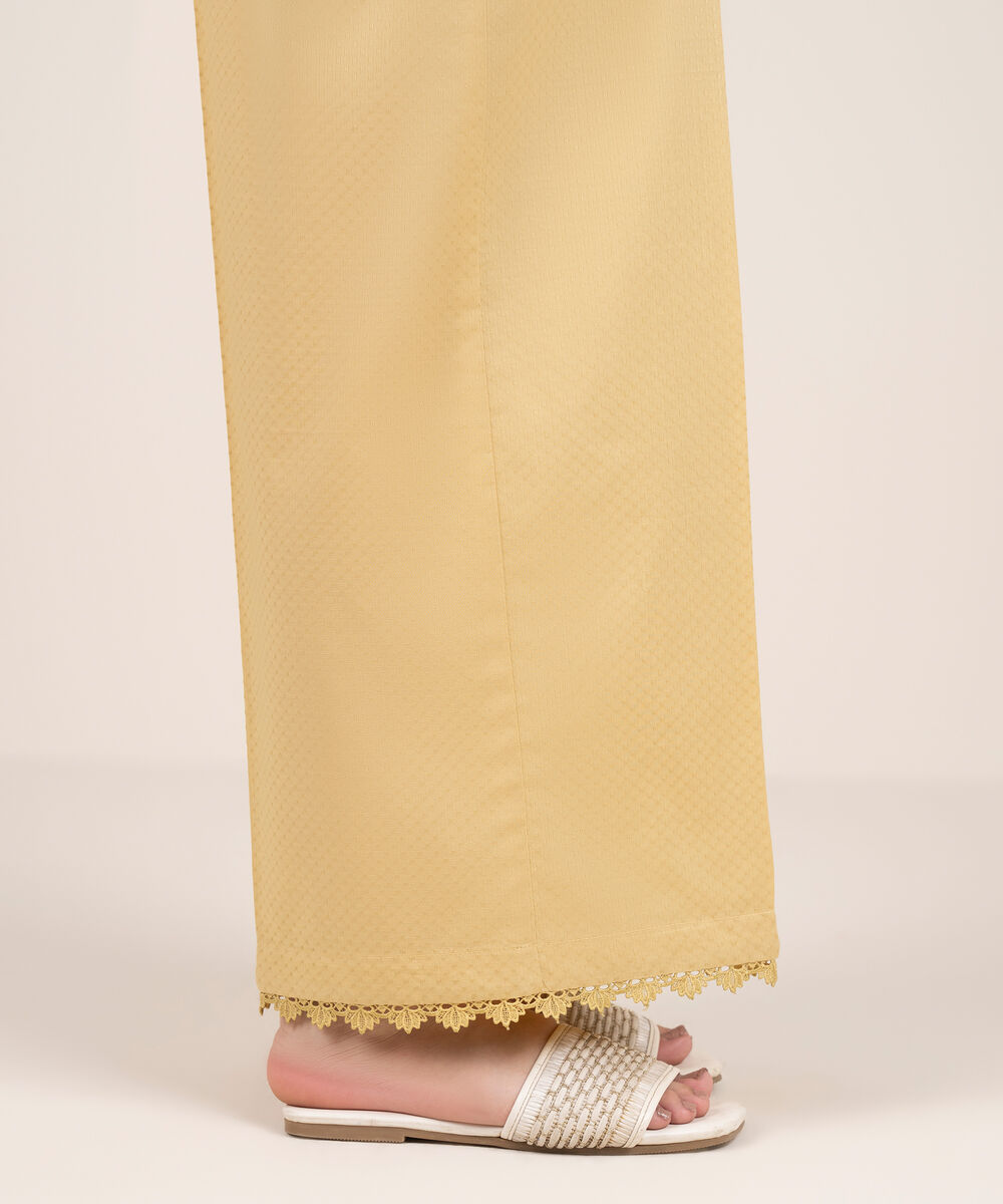 Women's RTW Textured Cotton Solid Off White Flared Pants