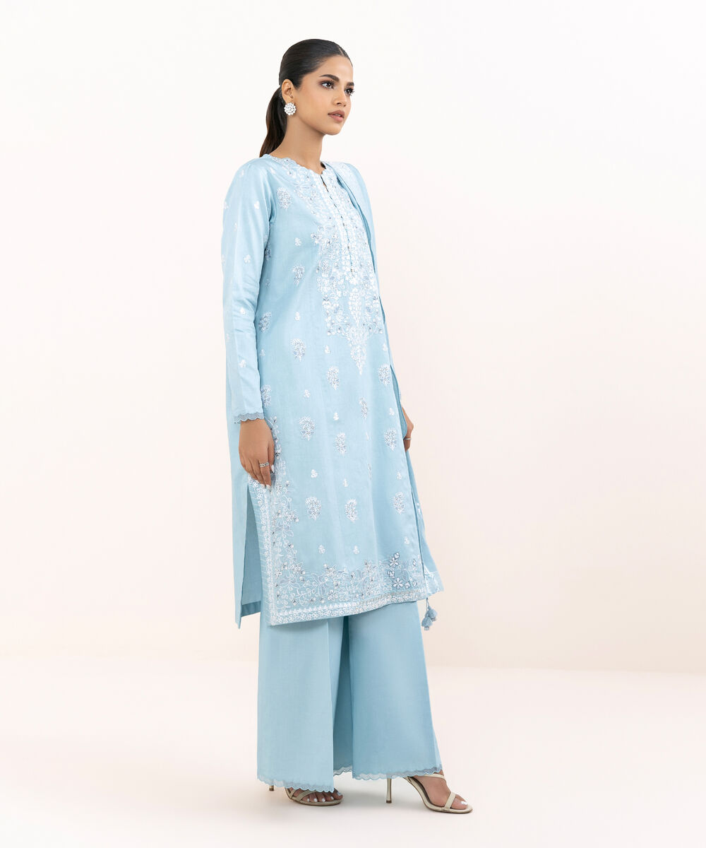 Women's Unstitched Light Cotton Satin Dyed Three Piece Suit