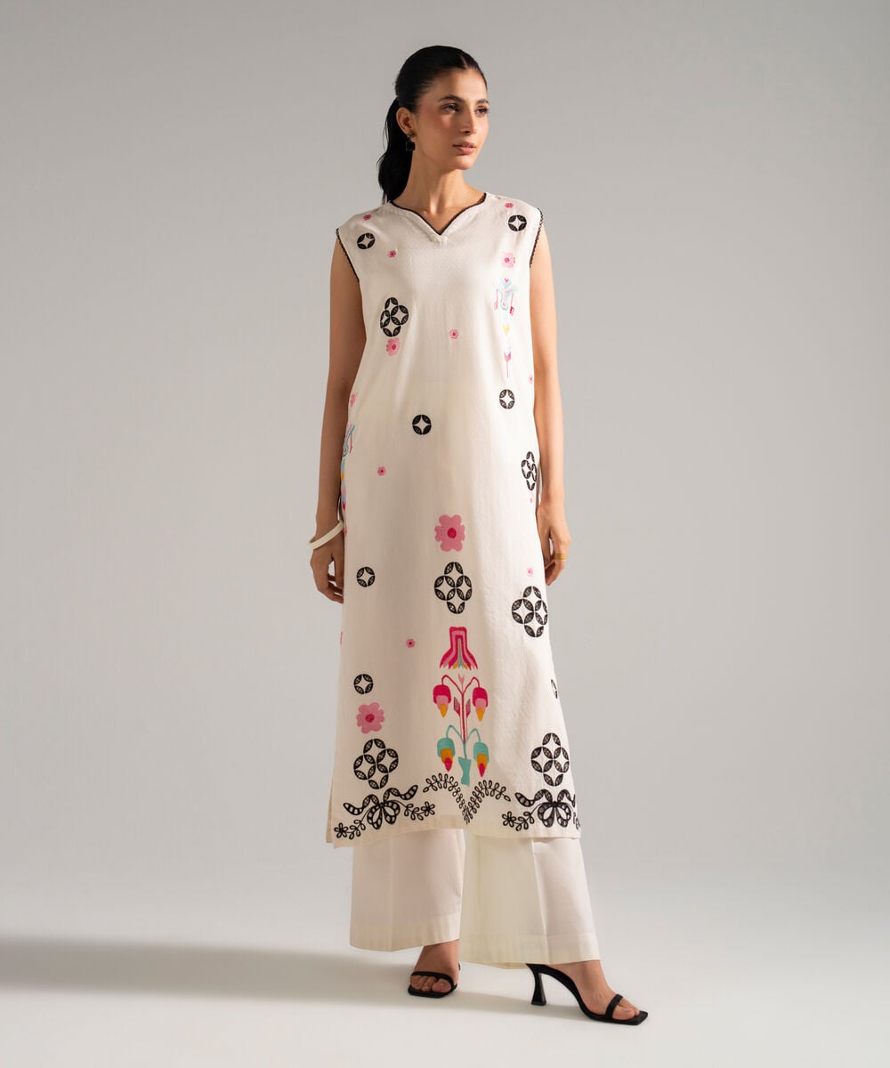 Women's RTW Dobby Embroidered Off White Straight Shirt