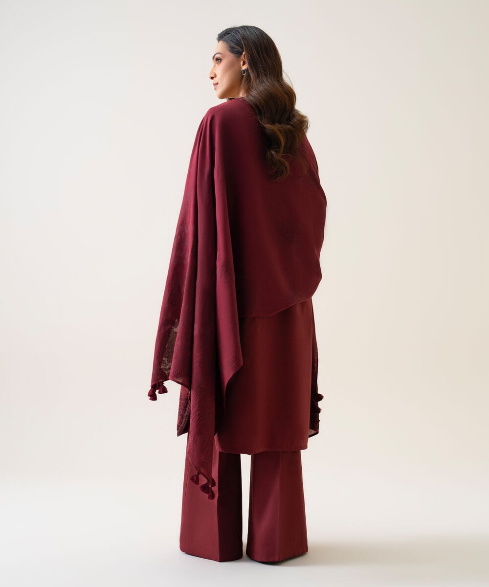 Women's Unstitched Light Khaddar Embroidered Maroon 3 Piece Suit