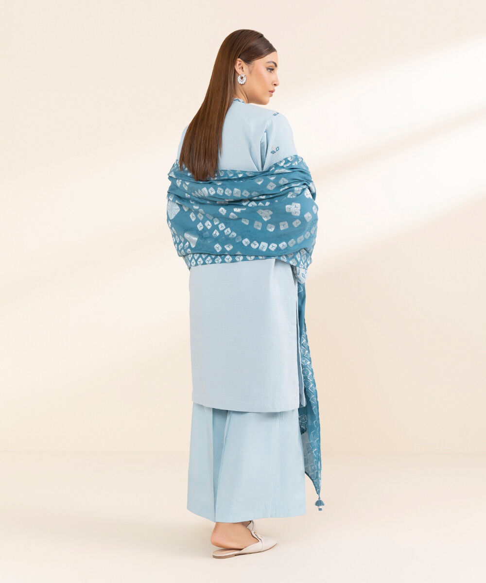 Women's Unstitched Blue Dobby 3 Piece Suit