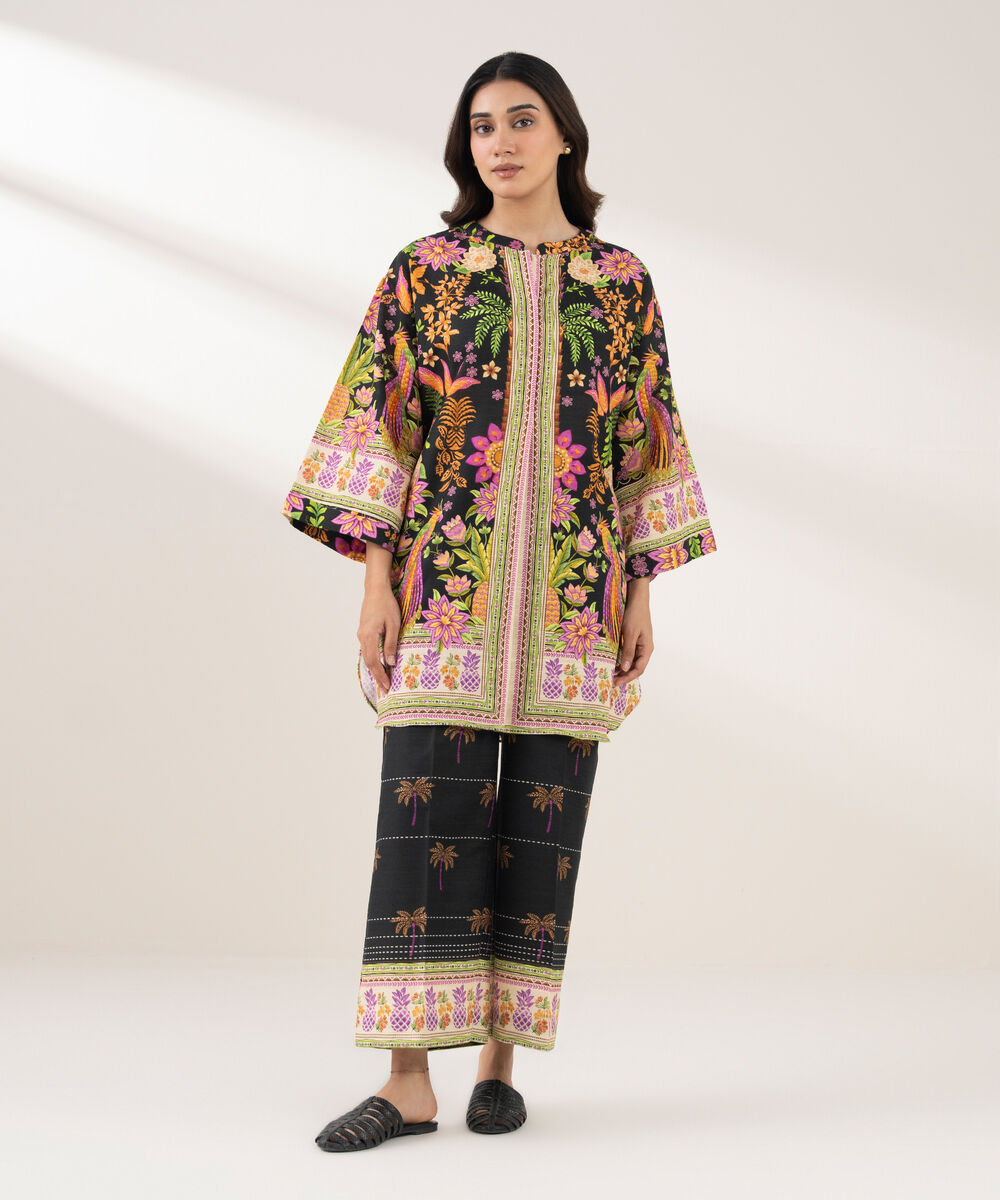 Women's RTW Light Khaddar Printed Straight Black Shirt