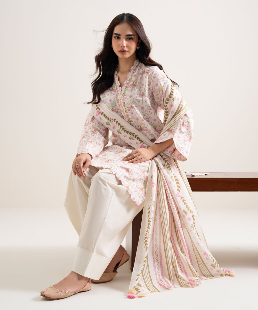 Women's Unstitched Lawn Printed Off White & Pink 3 Piece Suit