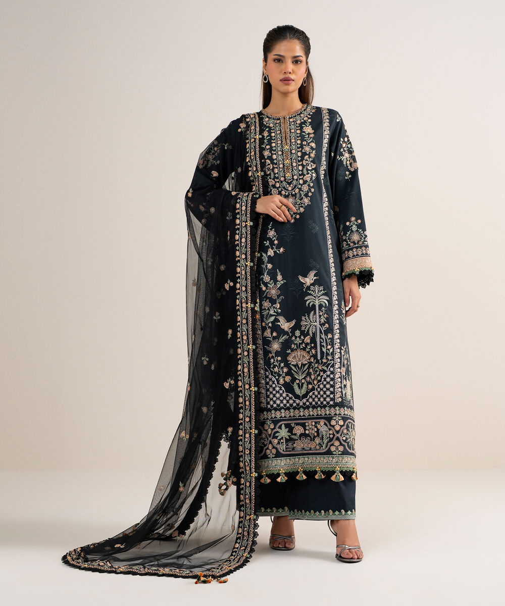 Women's Unstitched Fine Cotton Satin Embroidered Black
