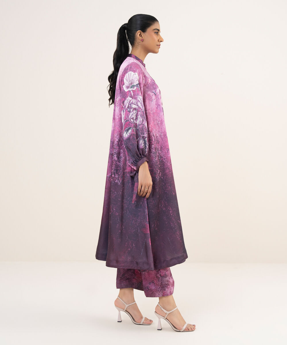 Women's RTW Blended Satin Purple Printed 2 Piece Suit