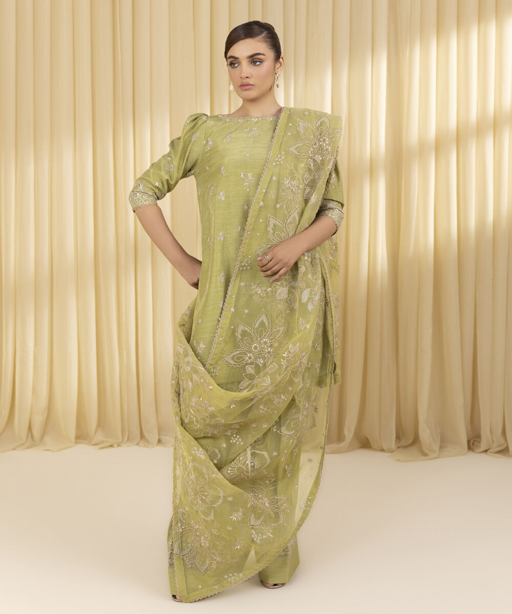 Unstitched Women's Green Raw Silk 3 Piece Suit