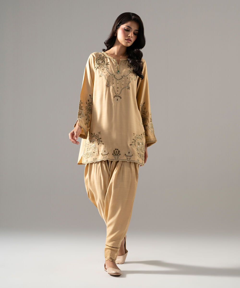Women's RTW Raw Silk Solid Embroidered Beige 2 Piece Suit