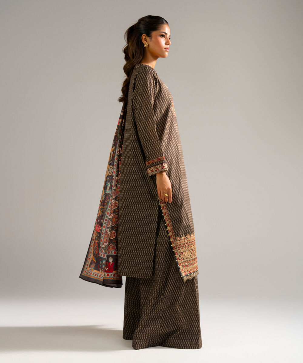 Women's RTW Dobby Embroidered Brown 3 Piece Suit