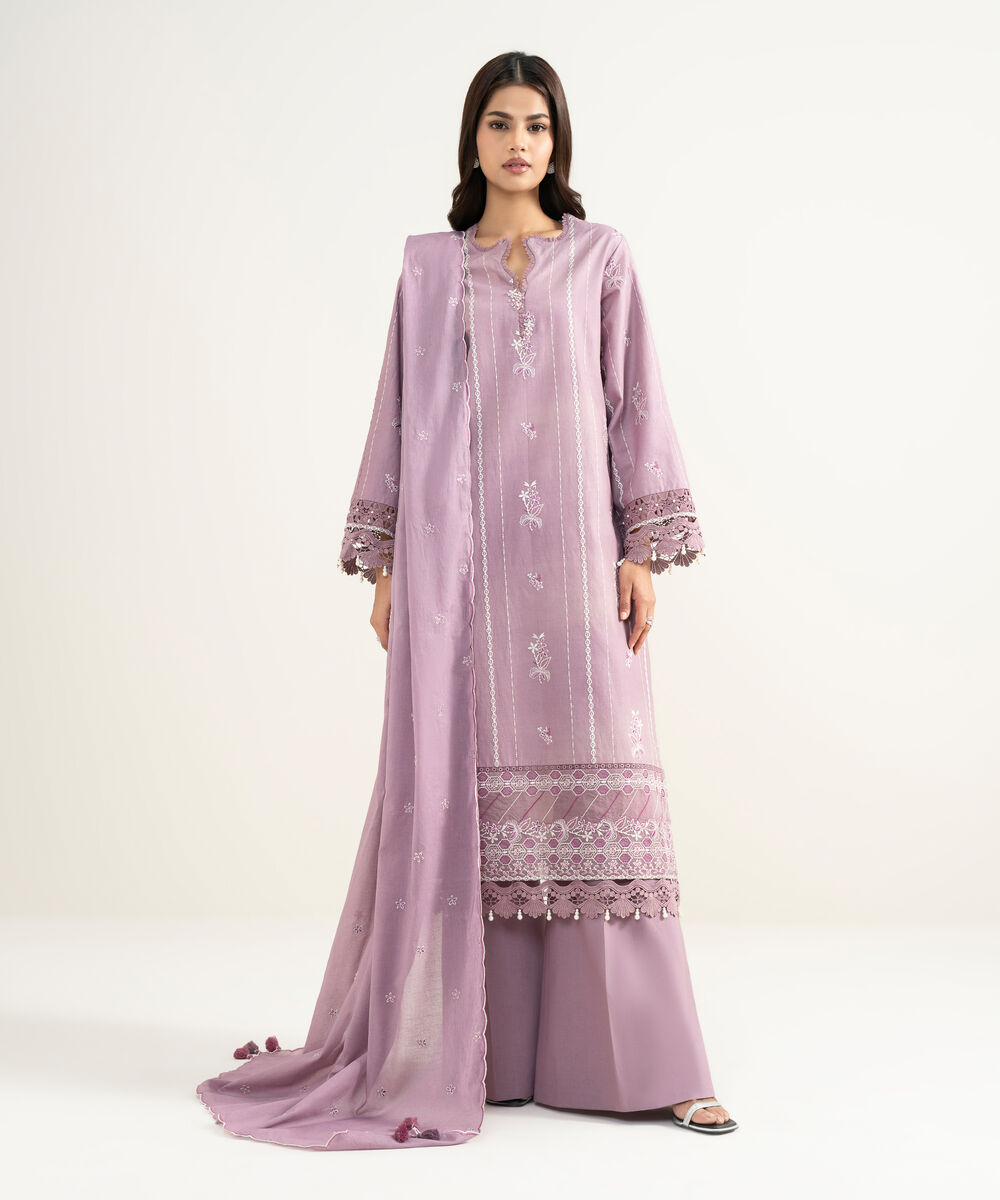 Women's Unstitched Textured Lawn Embroidered Purple 3 Piece Suit