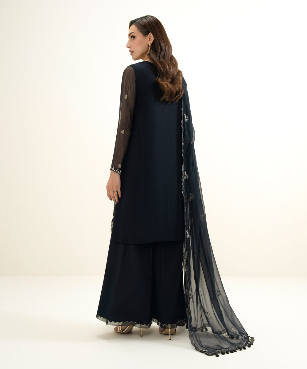 Women's Unstitched Blended Chiffon Embroidered Black  3 Piece Suit