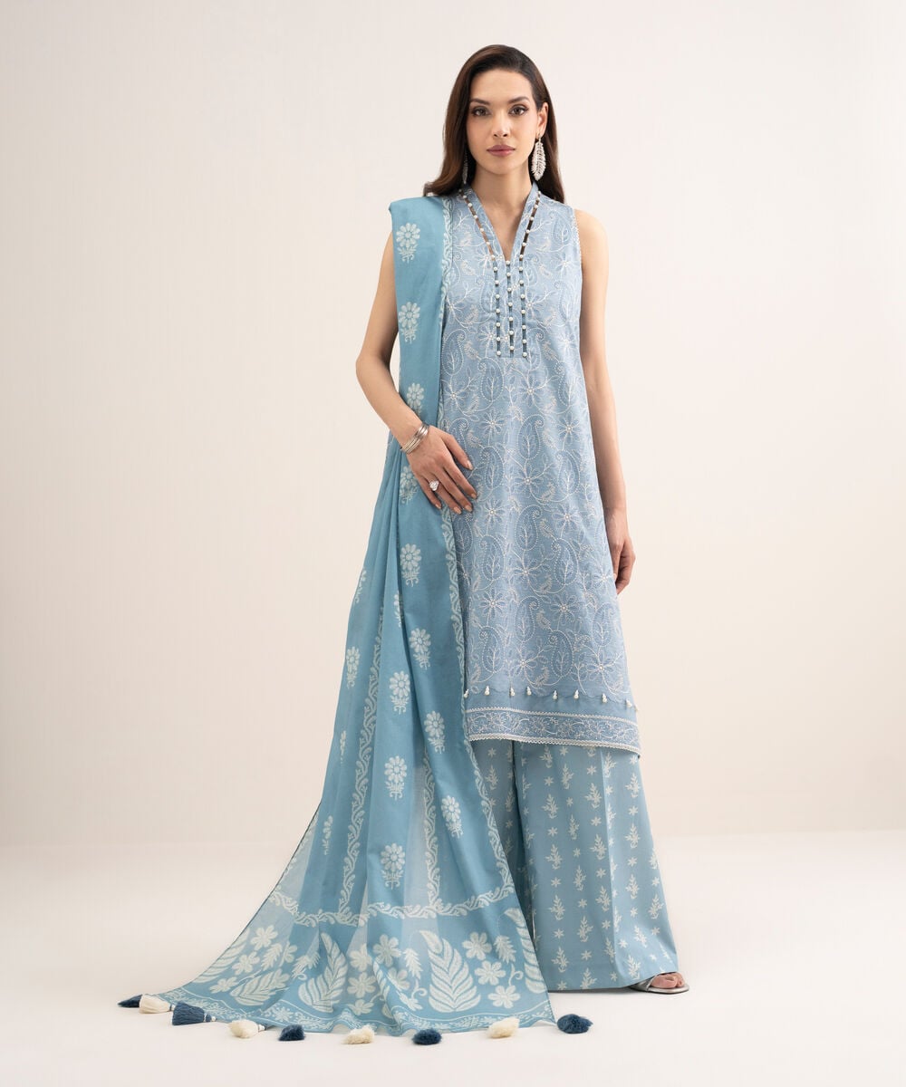 Women's Unstitched Dobby Embroidered Blue 3 Piece Suit