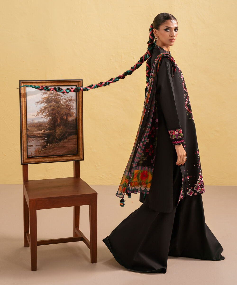 Women's Unstitched Cotton Embroidered Black Two Piece Suit