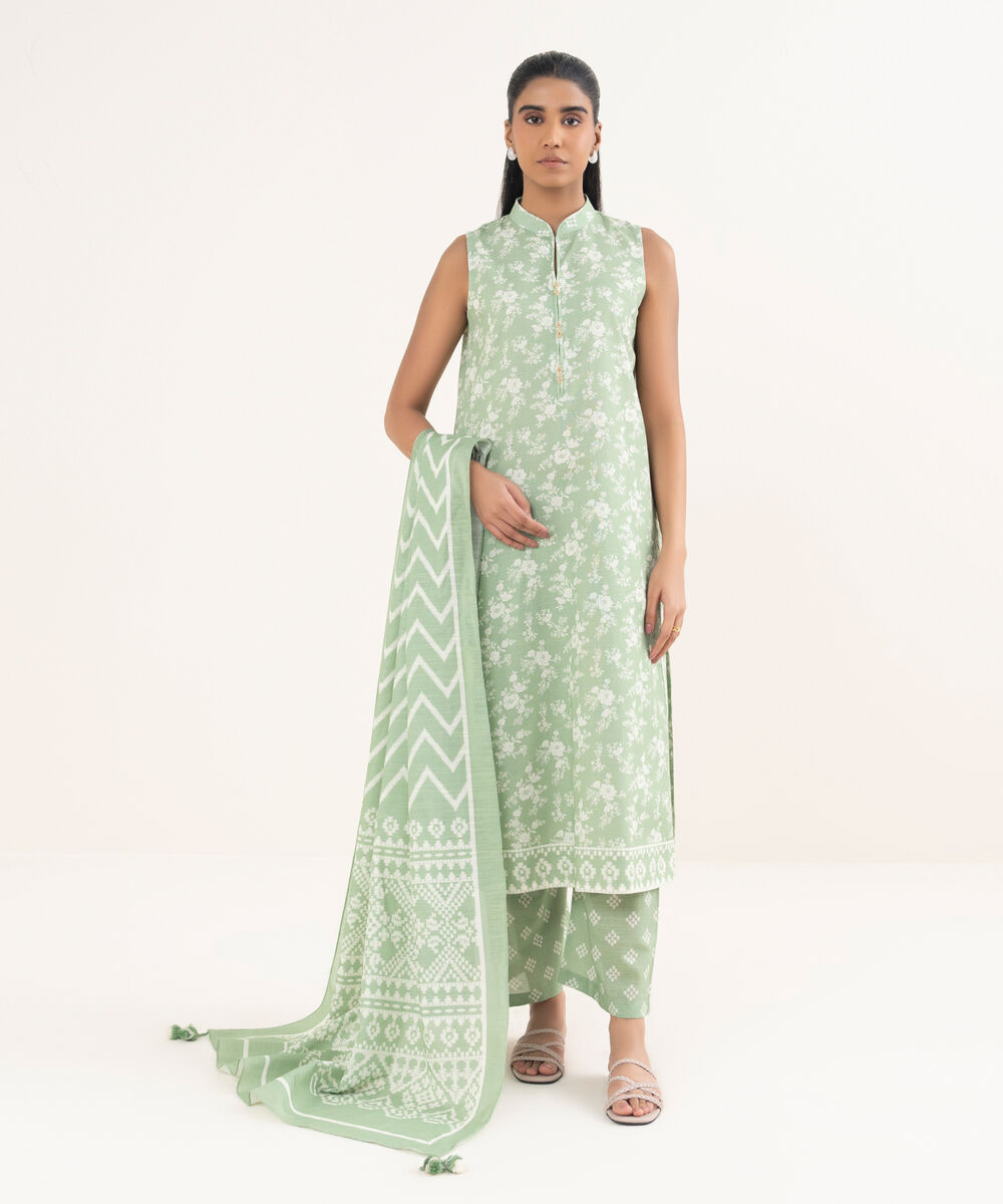 Women's Unstitched Light Khaddar Printed Green 3 Piece Suit